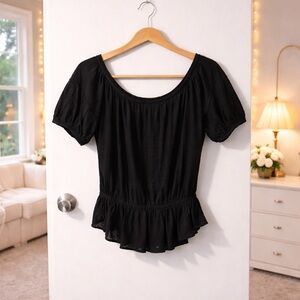 ✨ Free People Black Peplum Top Cotton Blend Boho Scoop Neck Blouse Size S